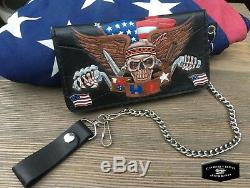 Tooled Biker Leather Wallet/Pro-American/Patriotic/Handmade/Chain Wallet
